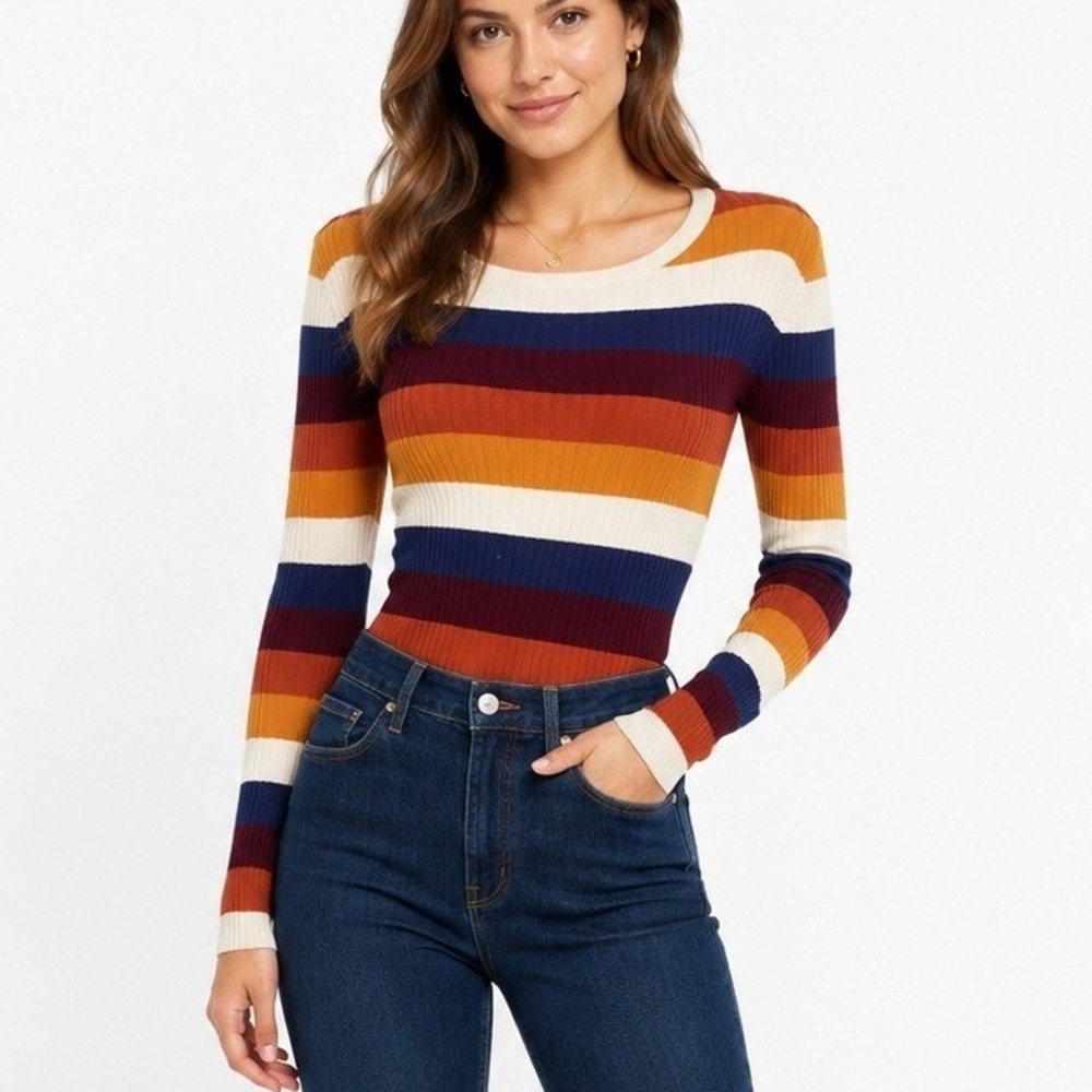 Garage Striped Ribbed Knit‎ Long Sleeve Sweater Multi Color Small P/S